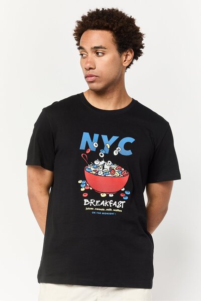 CELIO Men Crew Neck Half Sleeves Graphic Print T-shirt, Black