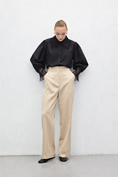 Sateen Classic Trousers with Pockets - Beige