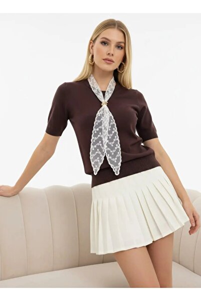 Park Karon Women's Crew Neck Lace Scarf Detail Knitwear Sweater 12424