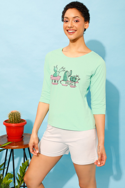Clovia Cactus Print Top in Seafoam Green & Chic Basic Shorts in Grey - 100% Cotton