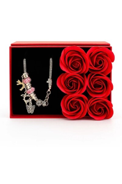 OME Σετ Δώρου με 6 Σαπουνένια Τριαντάφυλλα με Κομψό Βραχιόλι, Κόκκινο, 14x9x5εκ.