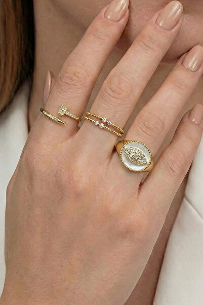 SAVAYA Kadın Gold Renk 3lü Yüzük Seti Royal Grow