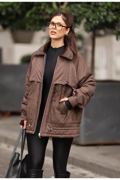 Gala Women's Coat with Zipper and Feather Details