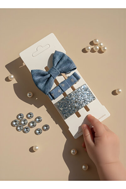 eradkids Lunaxy Denim & Işıltı 3’lü Kız Çocuk Klips Toka Seti