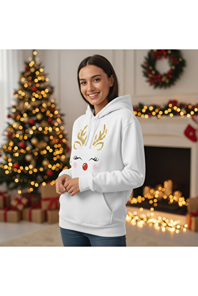 Eritqaa سويت شيرت شتوي للجنسين بغطاء رأس ذو وجه غزال لامع ونоздر أحمر مطبوع