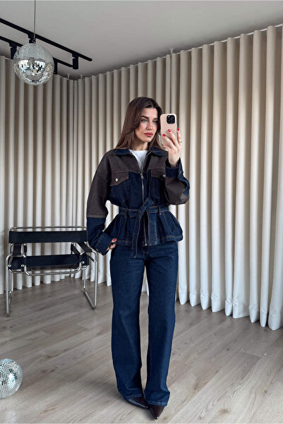 Sue Store Navy Blue Brown Zippered Jacket Pants Denim Suit