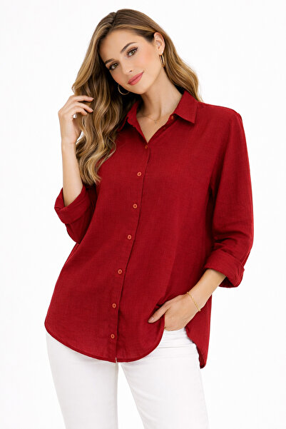 Jooy Women's Basic Casual Oversize Claret Red Shirt