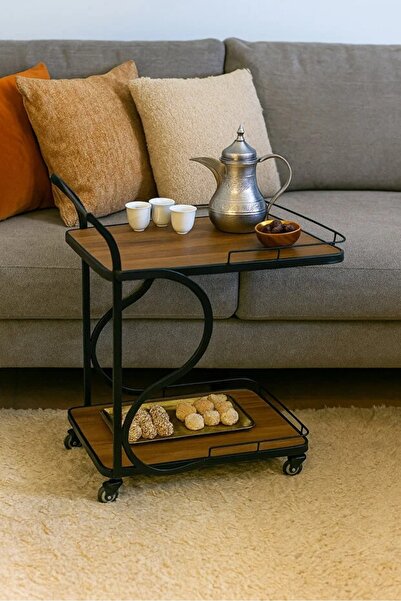 N.zone Modern wooden serving cart - two-tier bar cart with a black metal fram...