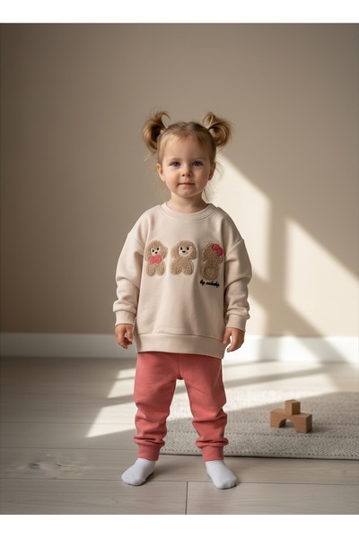 eradkids طقم بناتي مكون من قطعتين من القطن العضوي بتطريز دوجي - سويت شيرت بيج...