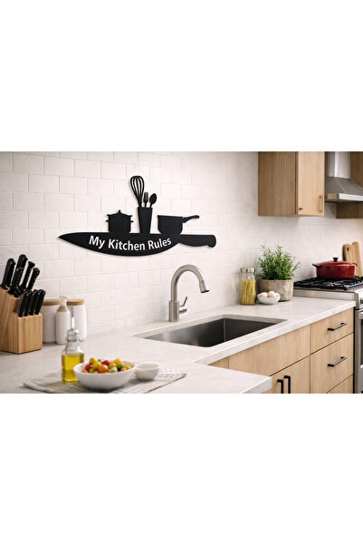 Taşteks My Kitchen Rules Yazılı MDF Mutfak Duvar Dekoru – Modern Siyah Tasarım