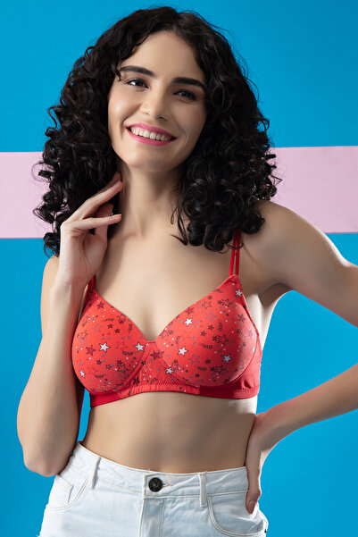 Clovia Padded Non-Wired Full Cup Star Print T-shirt Bra in Red