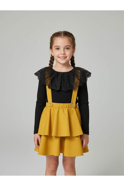 zubi kids Girl's Black Lace Collared Yellow Layered Salopet Skirt Set (Ages 5...