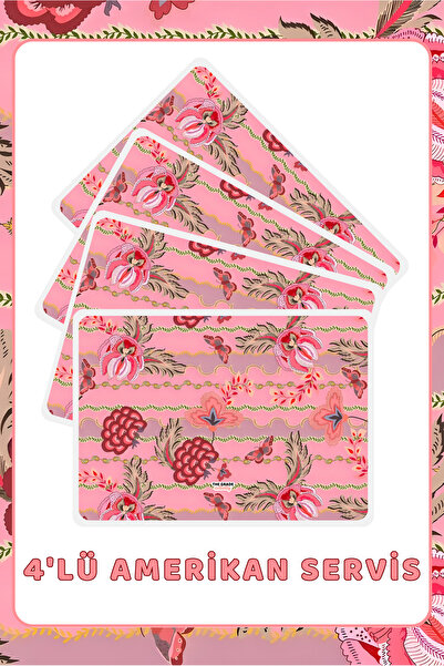 The Grade Amerikan Servis 4'lü Mavi Çiçek Tema Tabak Altlığı Leke Tutmaz Amer...