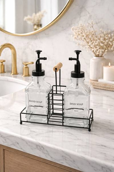 ALLEGRI طقم موزع صابون سائل زجاجي سعة 2 × 500 مل مع حامل معدني وحامل من الخيز...