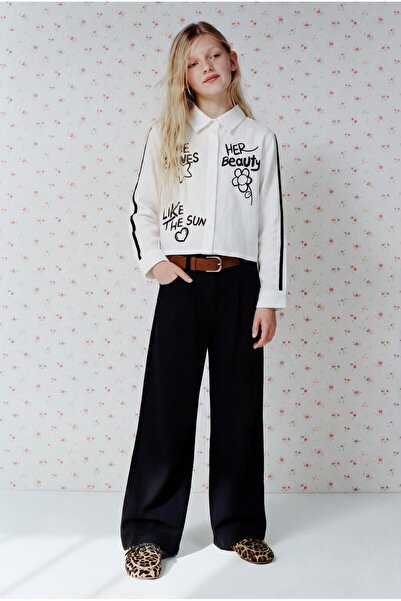 Magu Girl's Cotton Ecru Printed Shirt and Black Fabric Pants Set