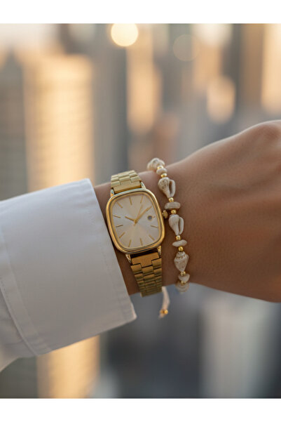 Leerybee Women's Vintage Square Watch and Shell Pearl Combination Bracelet Set