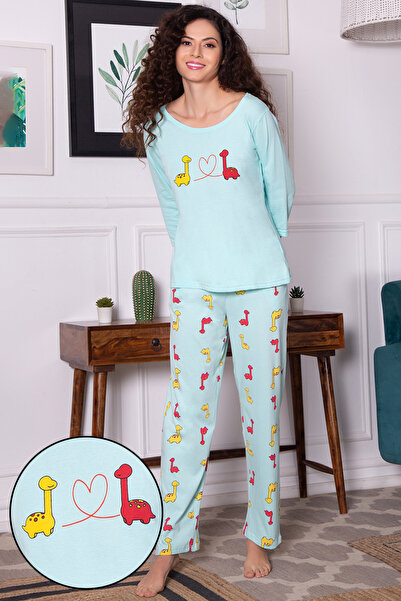 Clovia طقم بيجاما وبلوزة بطبعة ديناصورات باللون الأزرق الفاتح - قطن 100%