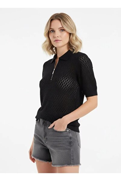 Park Karon Women's Polo Collar Half Zipper Openwork Knitwear Sweater 12429