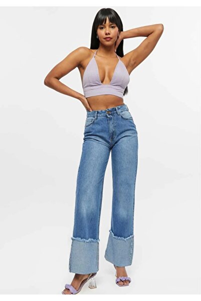 KENE JEANS High Waist Reverse Flare Trousers with Tassel Detail Denim Jeans