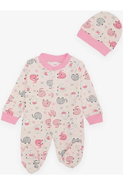 Zekids Patterned Cotton Jumpsuit with Baby Hat and Without Booties