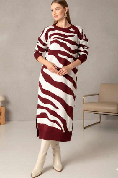 FERHEL Slit Zebra Patterned Knit Dress - Burgundy