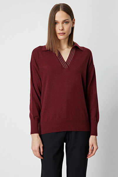 On Fashion Women's Chain Collar Polo Collar Claret Red Sweater 66336