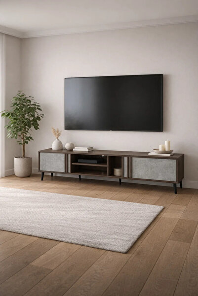 MARIA HOMES Brown & Grey TV Stand – 200x40x45 cm Modern Plasma Table with Cab...