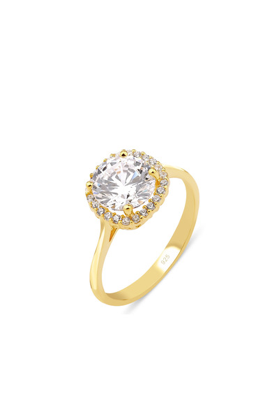 KLAZOJEWELRY 925 Ayar Gümüş 18 Ayar Altın Kaplama Taş İşlemeli Klasik Tektaş ...