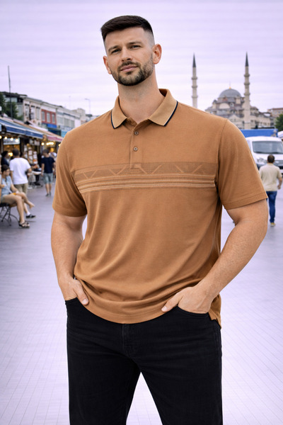 Maccali Men's Striped Large Size Loose Fit Brown Polo Collar T-Shirt