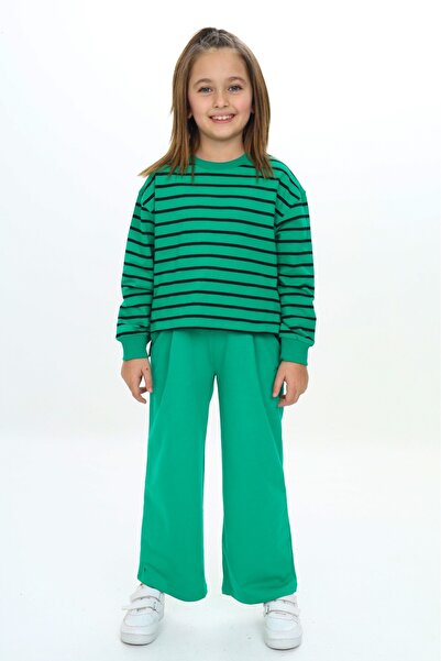 Toontoy طقم بناتي مكون من قطعتين: سترة مخططة بفتحة عنق دائرية وسروال واسع الس...