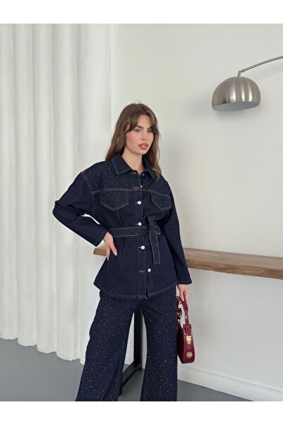 Ekim Store Navy Blue Pocket Belt Stoned Denim Suit