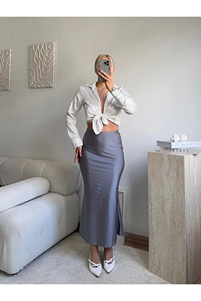 Zora Butik Yüksek Bel Saten Midi Etek - GRİ