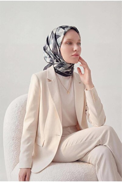 Silk Home Shiny Textured Scarf Dark Navy Blue Gray Geometric Patterned Water-...