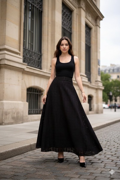 BLUSS Black High Waist Scallop Patterned Maxi Skirt