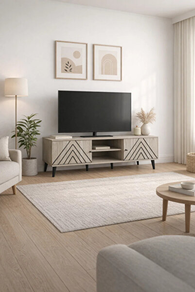 MARIA HOMES طاولة تلفزيون بيج – 180×40×45 سم، طاولة بلازما عصرية مع خزائن ورف.