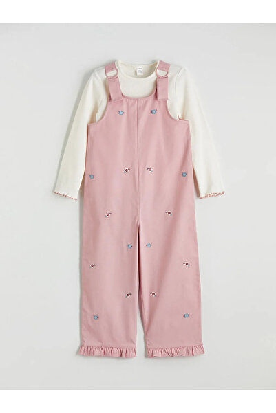 LC Waikiki LCW Kids Ekru Nakışlı Kız Çocuk Salopet Ve Tişört Takımı