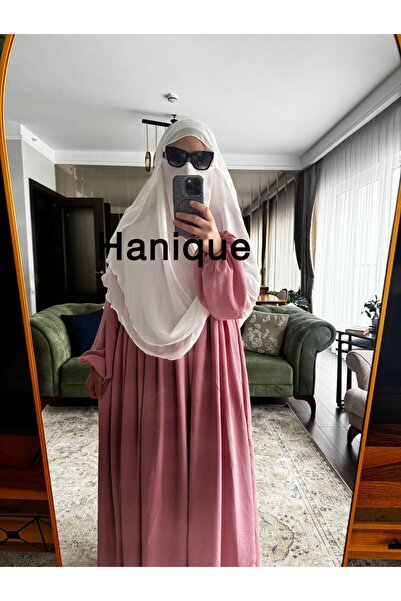 HANİQUE Pembe Ayrobin Piliseli Salaş Tesettür Elbise- Hac Umre -Rahat Kalıp- ...