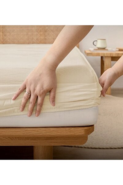Lastikli Pamuklu Fitted Penye Çarşaf Tek Kişilik 100X200 Ekru Renk