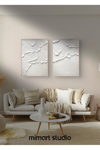 MimART STUDIO 2 li Set Dokulu Tablo 3 Boyutlu Dokulu Beyaz Tablo Ahşap Çerçev...