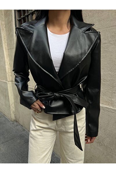 Ekim Store Double-Breasted Tied Crop Leather Jacket