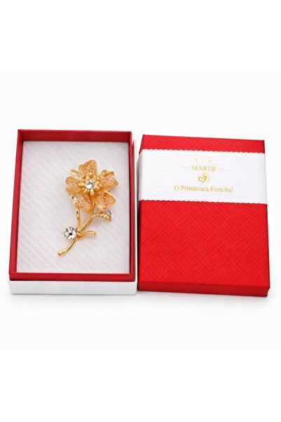 OEM Martisor Gold Flower Brooch with Crystals, Elegant Design