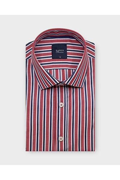 KAMER Men's Slim Fit Long Sleeve Brit Collar Pocketless Striped Coral Shirt 2...