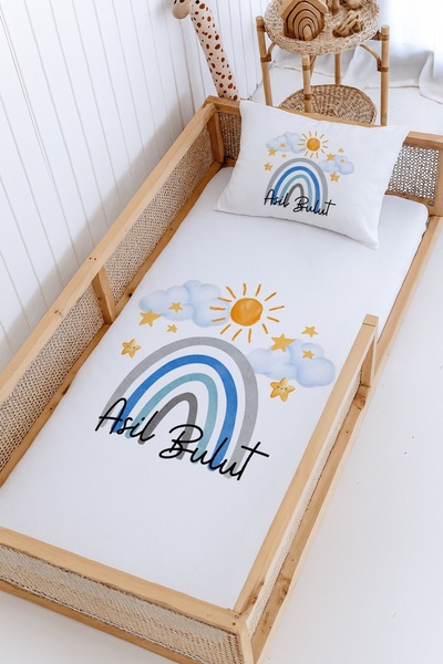 Lilabio %100 Pamuk İsme Özel Montessori Yatak Pike Seti 100x200 Mavi Gökkuşağı