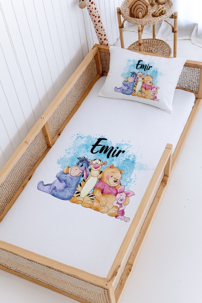 Lilabio %100 Pamuk İsme Özel Montessori Yatak Pike Seti 100x200 Winnie the Pooh