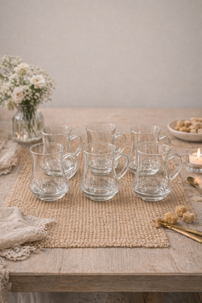 Evila Hafif Borosilikat Cam Çay Bardağı 6’lı Set – Şeffaf Kulplu Modern Tasar...