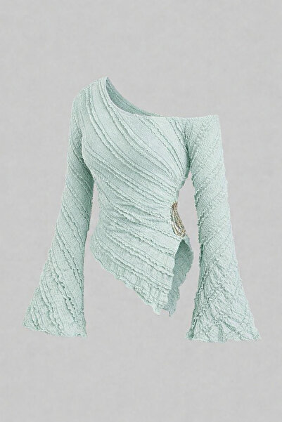 MOONBULL Kadın Fırfır Kumaş Gold Aksesuar Detaylı Kayık Yaka İspanyol Kol Asi...