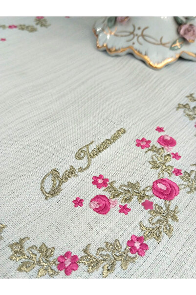 BAŞ TASARIM Ribbon Embroidered White Tablecloth for 8 People