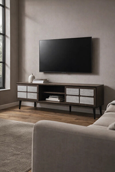 MARIA HOMES Brown & Grey TV Stand – 160x40x45 cm Modern Plasma Table with Cab...