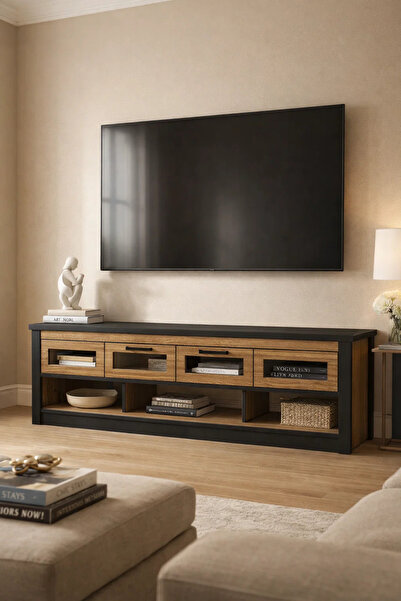 MARIA HOMES Walnut Oak TV Stand – 180x40x50 cm Modern Wooden Plasma Table wit...