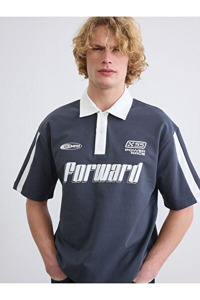 LC Waikiki Antrasit Polo Yaka Baskılı Erkek Tişört